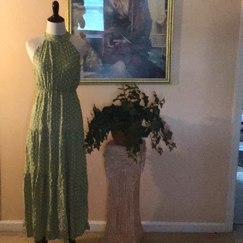 Sage, green and white polkadot halter style maxi dress